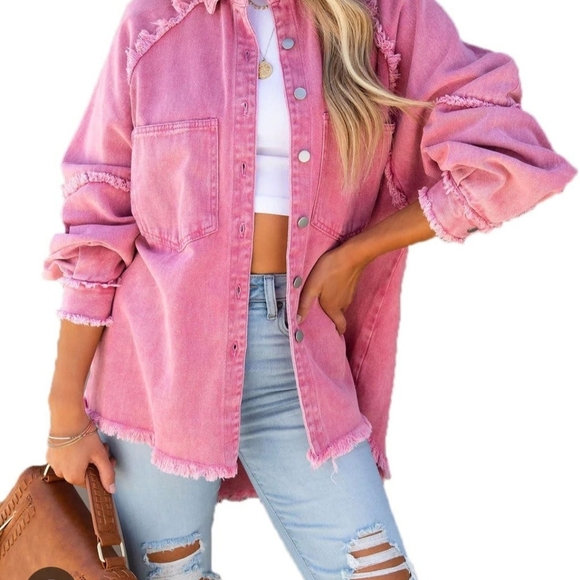 Jackets & Blazers - Pink Button-Up Shirt with Frayed Hem
